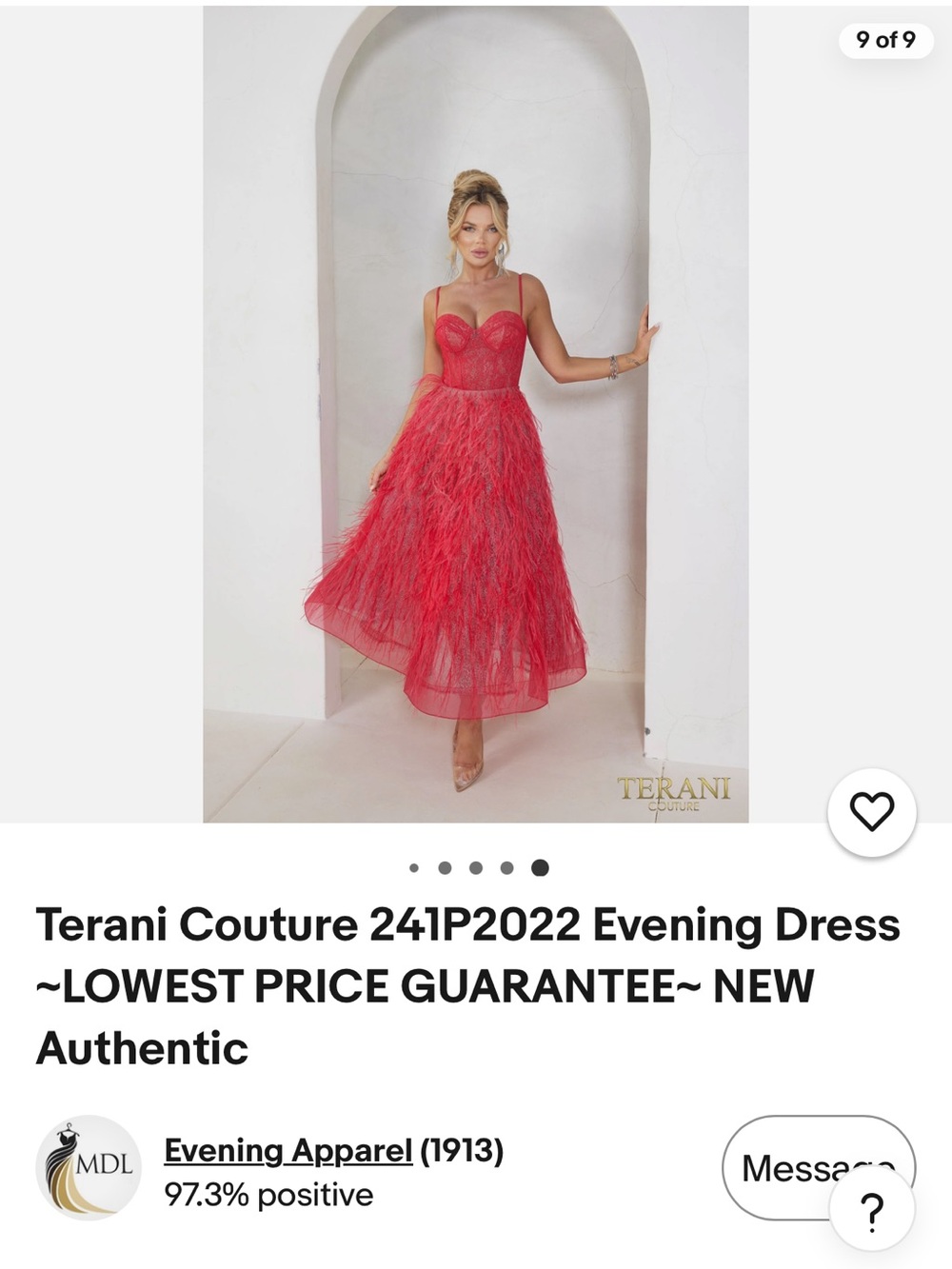 Terani Couture Hot Pink Red Feathered Bustier Prom Dress